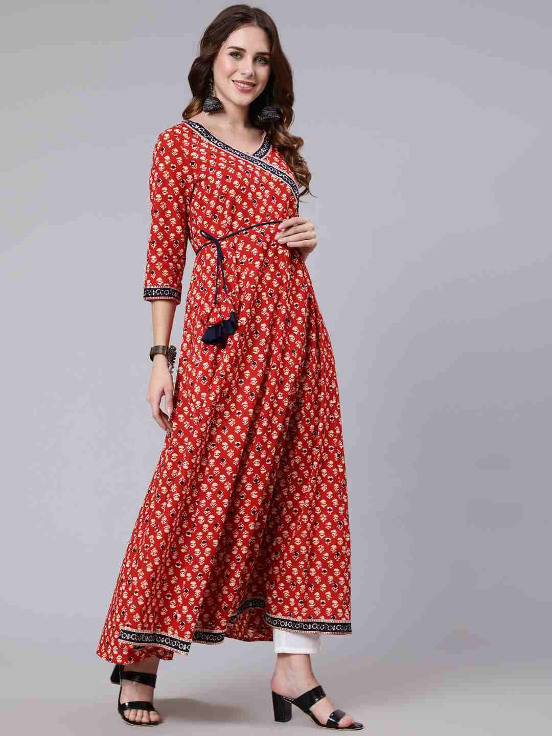 Cotton Ankle Length Printed Flared 3/4 Sleeve V Neck Angrakha