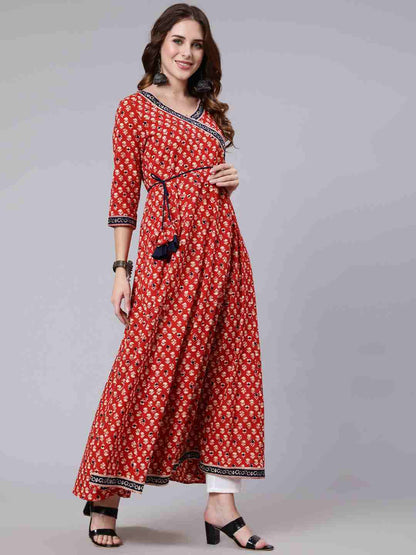 Cotton Ankle Length Printed Flared 3/4 Sleeve V Neck Angrakha