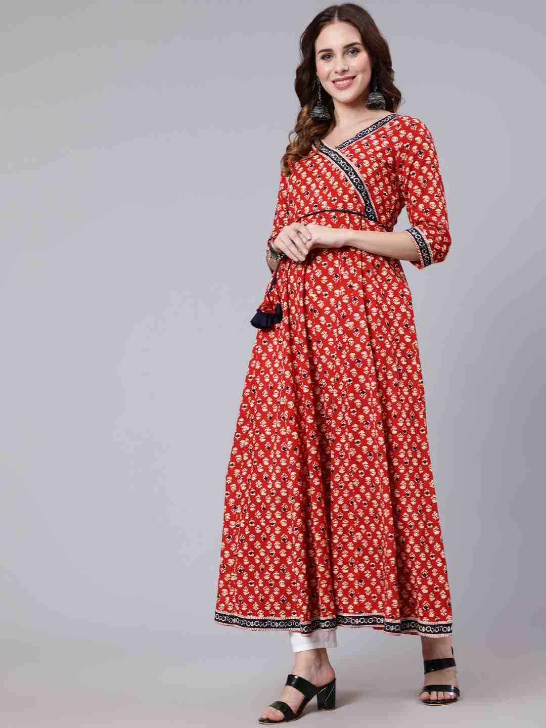 Cotton Ankle Length Printed Flared 3/4 Sleeve V Neck Angrakha
