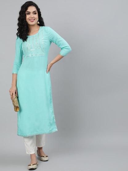 Rayon Calf Length Straight 3/4 Sleeve Round Neck Embroidered Kurta