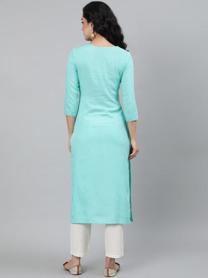 Rayon Calf Length Straight 3/4 Sleeve Round Neck Embroidered Kurta