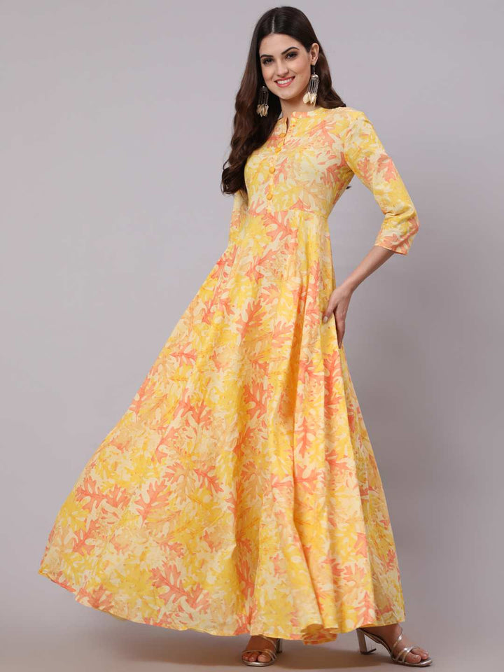 Cotton Full Length Printed Flared 3/4 Sleeve Collar Neck Kurta