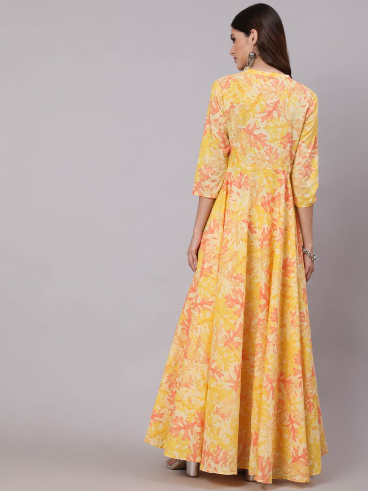 Cotton Full Length Printed Flared 3/4 Sleeve Collar Neck Kurta