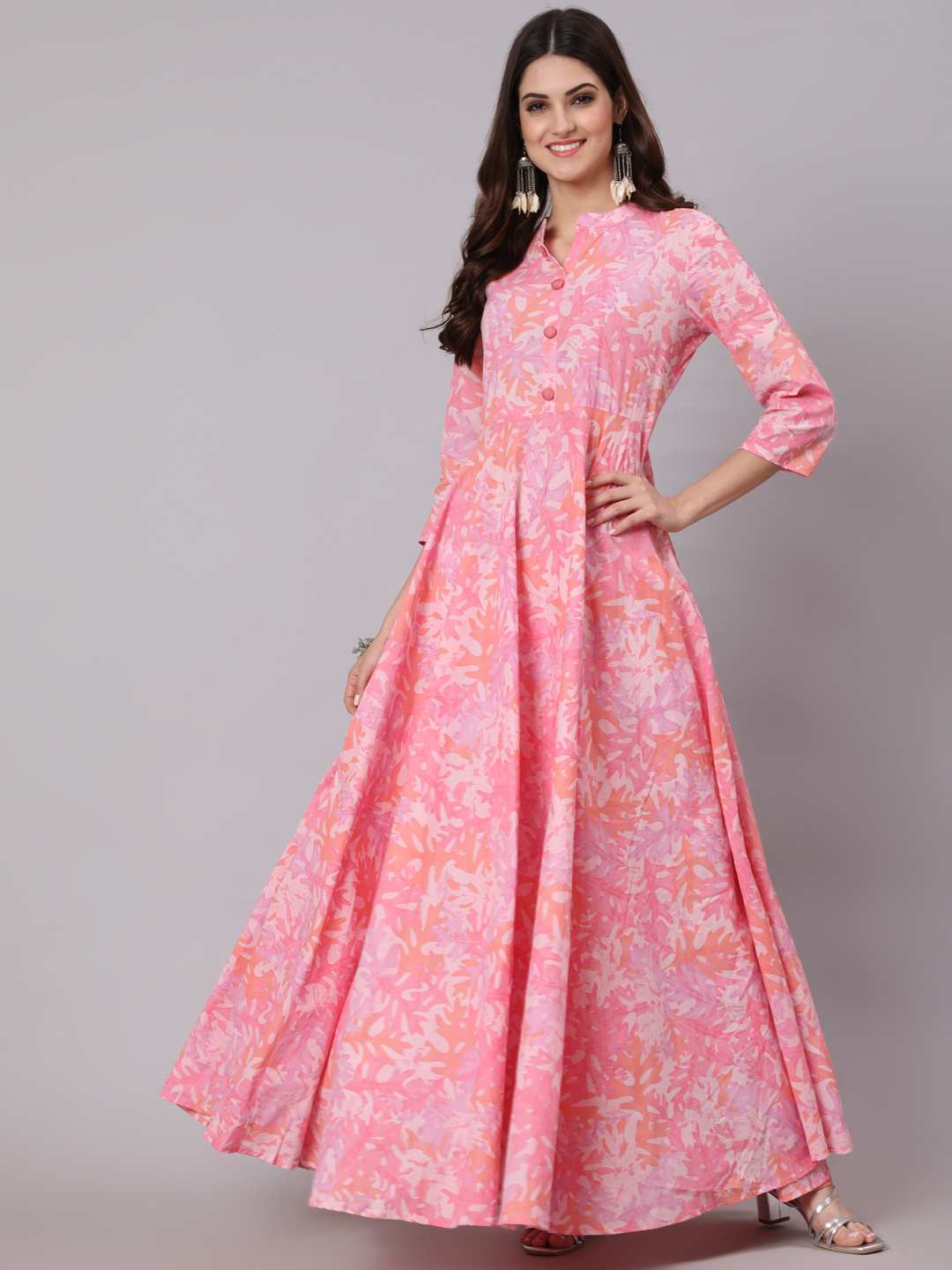 Cotton Full Length Printed Flared 3/4 Sleeve Collar Neck Kurta