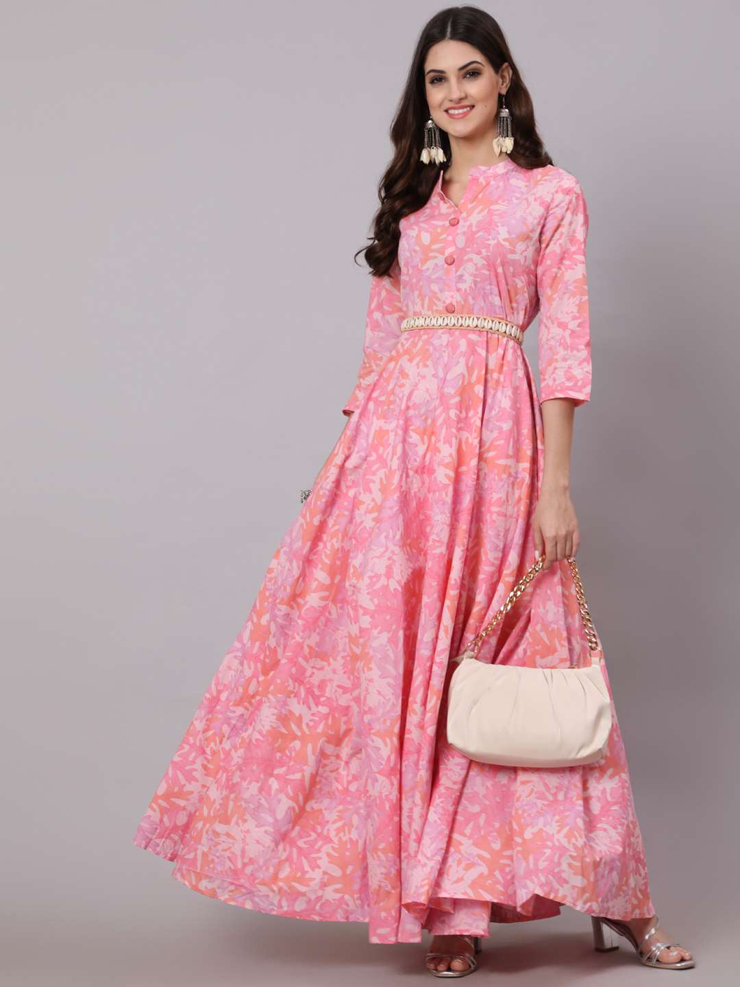 Cotton Full Length Printed Flared 3/4 Sleeve Collar Neck Kurta