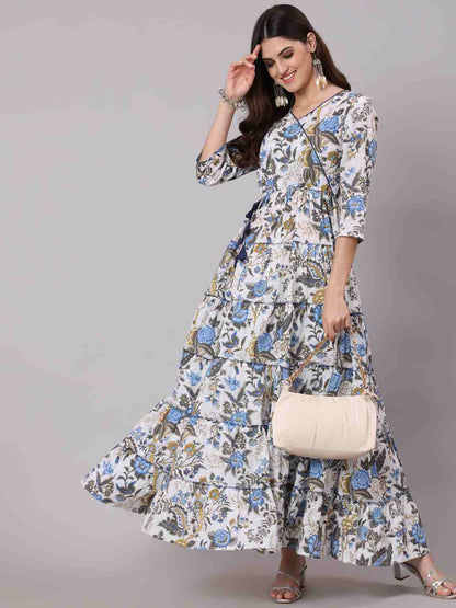 Cotton Full Length Printed Flared 3/4 Sleeve V Neck Neck Kurta