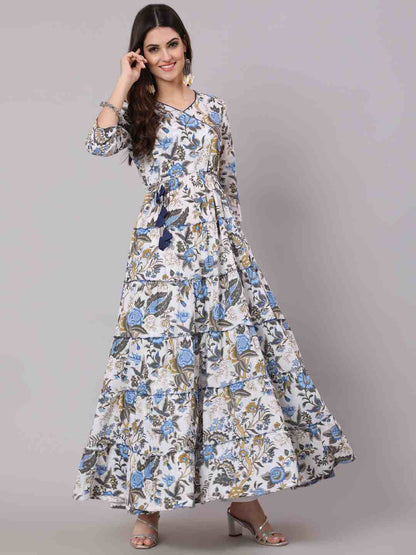 Cotton Full Length Printed Flared 3/4 Sleeve V Neck Neck Kurta