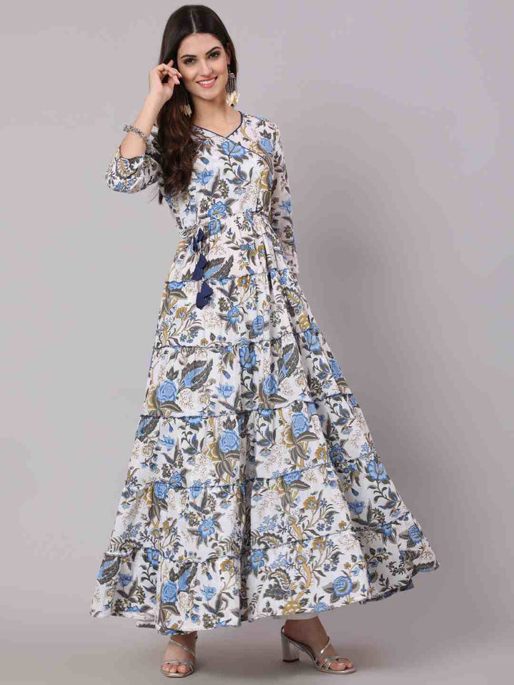 Cotton Full Length Printed Flared 3/4 Sleeve V Neck Neck Kurta