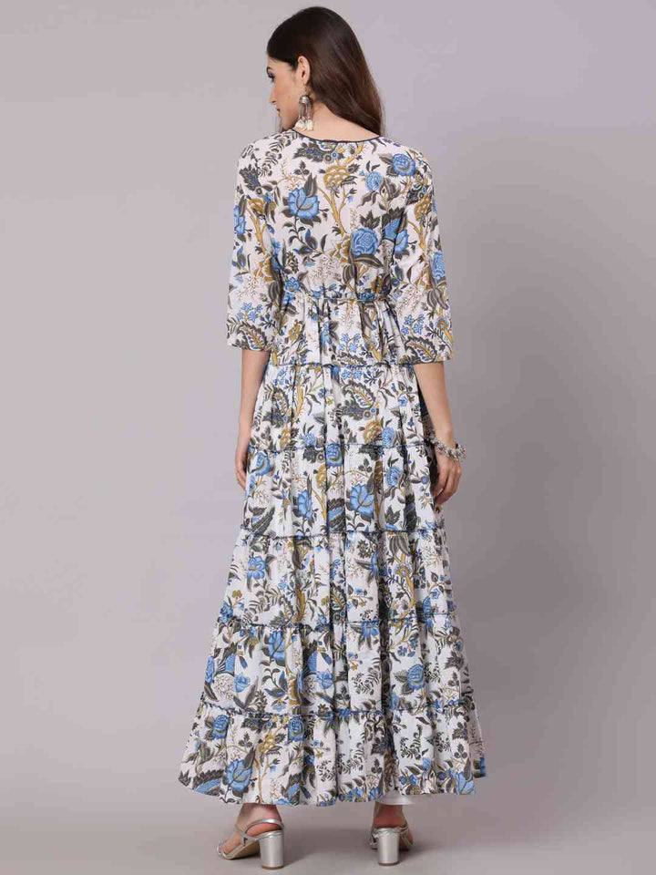 Cotton Full Length Printed Flared 3/4 Sleeve V Neck Neck Kurta