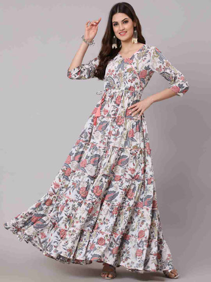 Cotton Full Length Printed Flared 3/4 Sleeve V Neck Neck Kurta