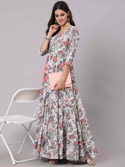 Cotton Full Length Printed Flared 3/4 Sleeve V Neck Neck Kurta