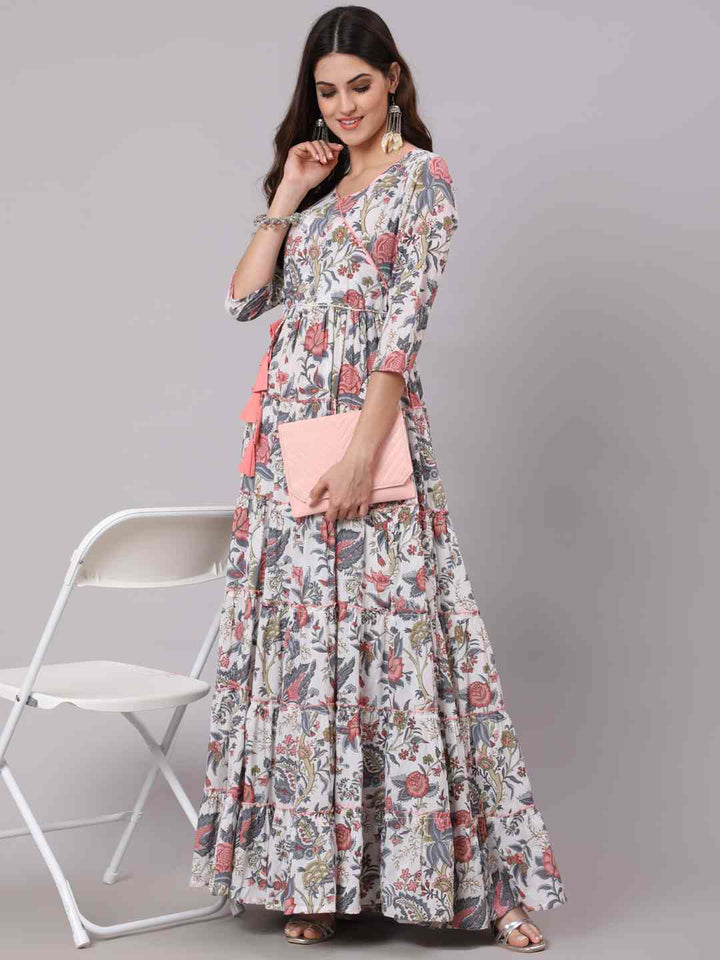 Cotton Full Length Printed Flared 3/4 Sleeve V Neck Neck Kurta