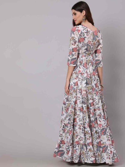 Cotton Full Length Printed Flared 3/4 Sleeve V Neck Neck Kurta