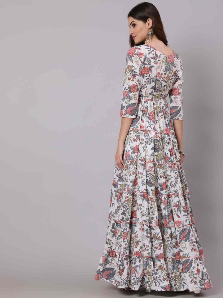 Cotton Full Length Printed Flared 3/4 Sleeve V Neck Neck Kurta