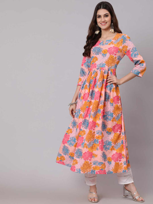 Rayon Calf Length Printed Semi Flared 3/4 Sleeve Round Neck Kurta