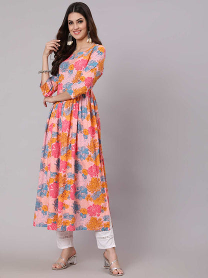 Rayon Calf Length Printed Semi Flared 3/4 Sleeve Round Neck Kurta