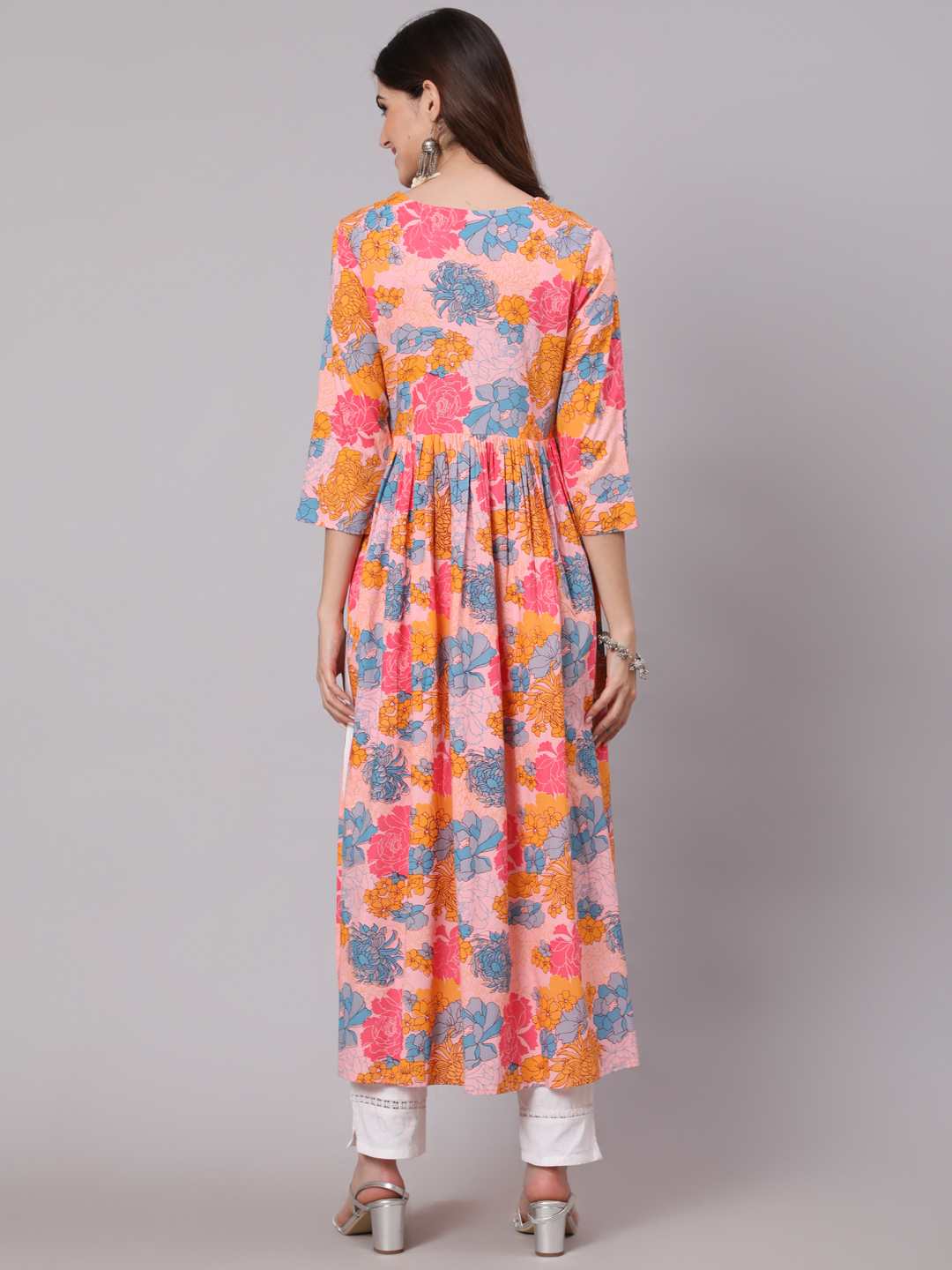 Rayon Calf Length Printed Semi Flared 3/4 Sleeve Round Neck Kurta