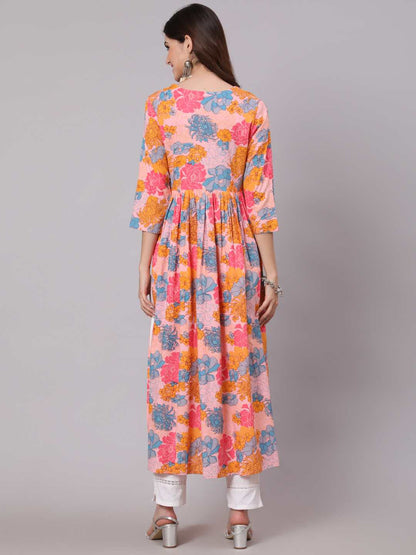 Rayon Calf Length Printed Semi Flared 3/4 Sleeve Round Neck Kurta
