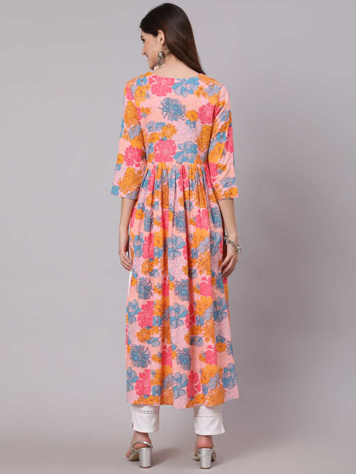 Rayon Calf Length Printed Semi Flared 3/4 Sleeve Round Neck Kurta