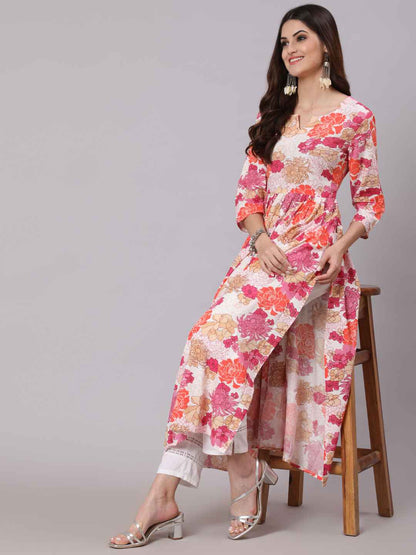 Rayon Calf Length Printed Semi Flared 3/4 Sleeve Round Neck Kurta