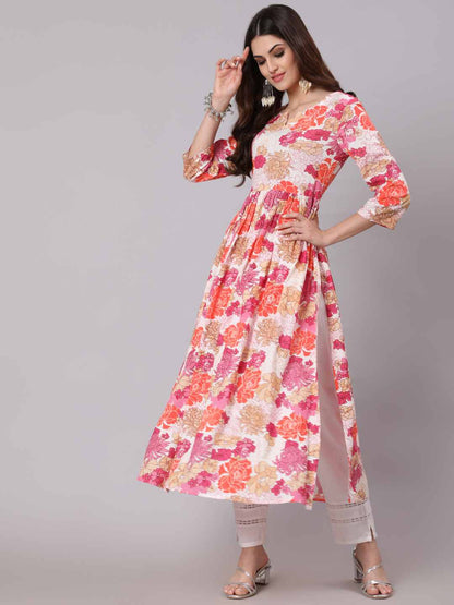 Rayon Calf Length Printed Semi Flared 3/4 Sleeve Round Neck Kurta