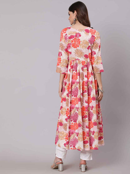 Rayon Calf Length Printed Semi Flared 3/4 Sleeve Round Neck Kurta