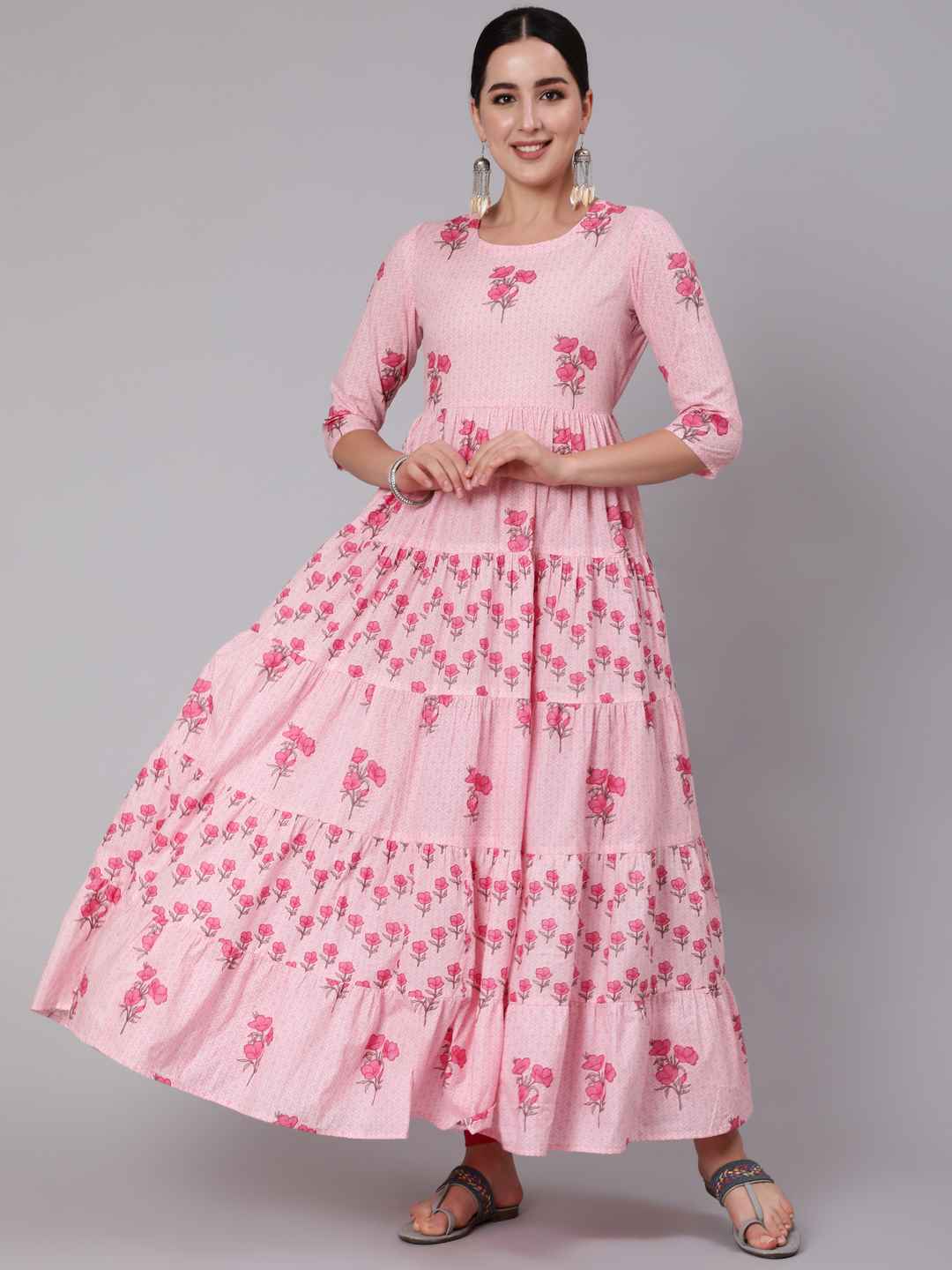 Cotton Ankle Length Printed Flared 3/4 Sleeve Round Neck Kurta