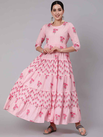 Cotton Ankle Length Printed Flared 3/4 Sleeve Round Neck Kurta