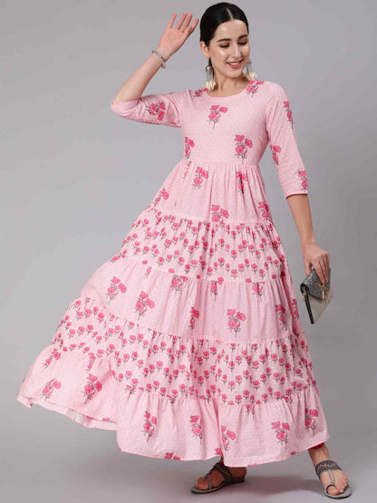 Cotton Ankle Length Printed Flared 3/4 Sleeve Round Neck Kurta