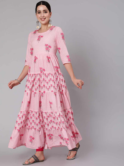 Cotton Ankle Length Printed Flared 3/4 Sleeve Round Neck Kurta