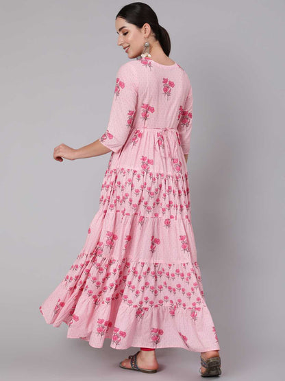 Cotton Ankle Length Printed Flared 3/4 Sleeve Round Neck Kurta