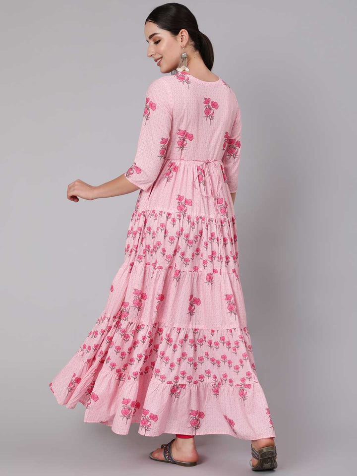 Cotton Ankle Length Printed Flared 3/4 Sleeve Round Neck Kurta