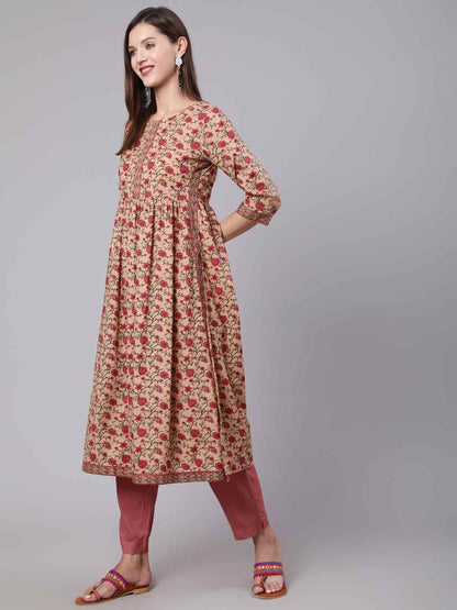 Rayon Calf Length Printed Semi Flared 3/4 Sleeve Round Neck Kurta