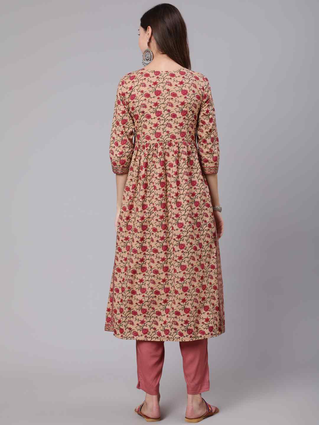 Rayon Calf Length Printed Semi Flared 3/4 Sleeve Round Neck Kurta