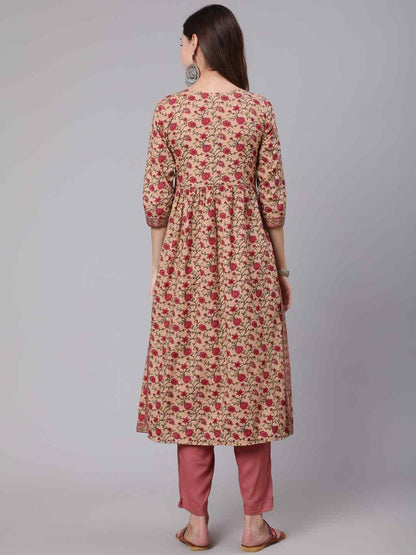Rayon Calf Length Printed Semi Flared 3/4 Sleeve Round Neck Kurta