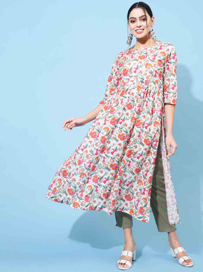 Rayon Calf Length Printed Semi-Flared 3/4 Sleeve Round Neck Kurta