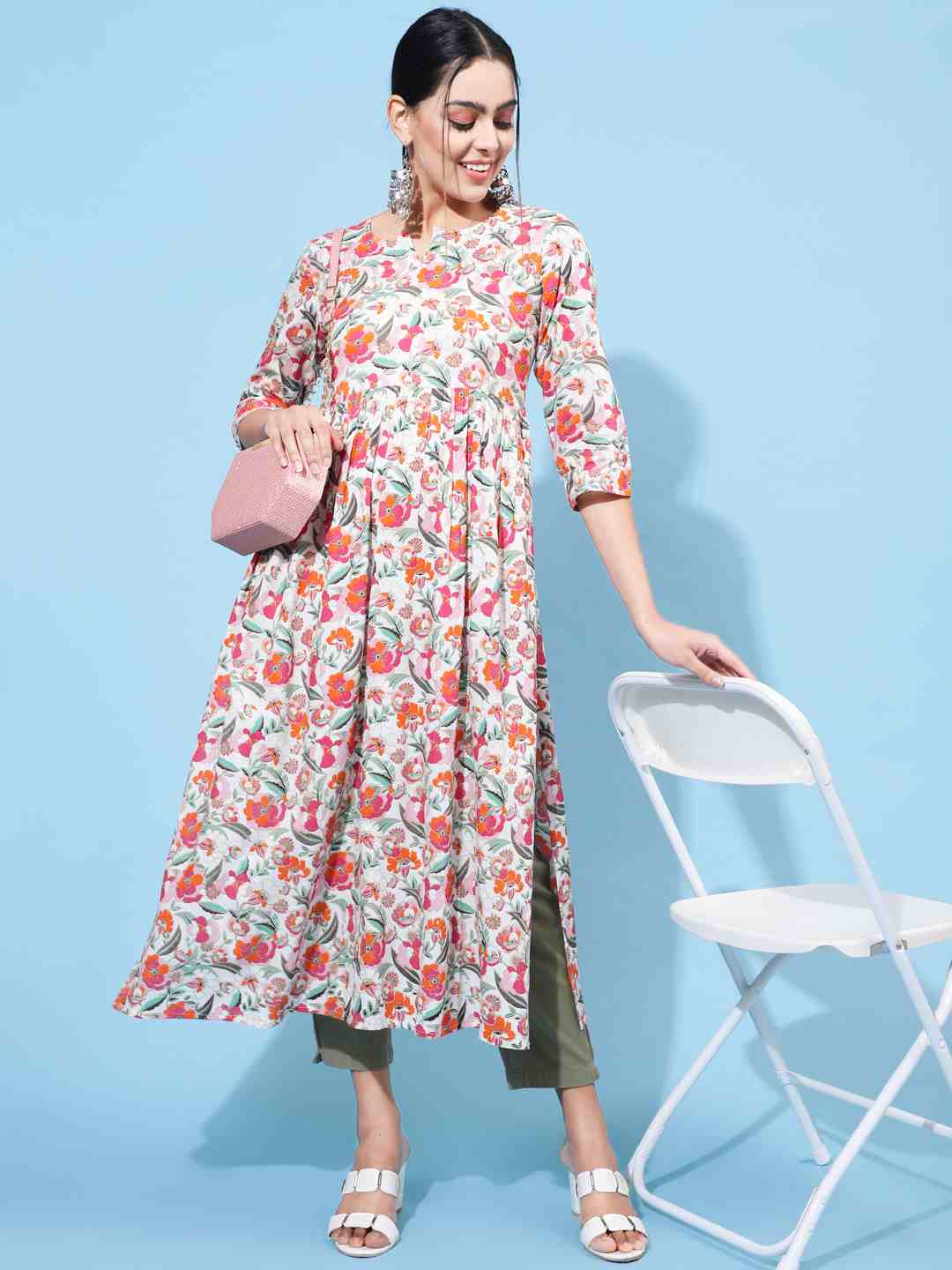 Rayon Calf Length Printed Semi-Flared 3/4 Sleeve Round Neck Kurta