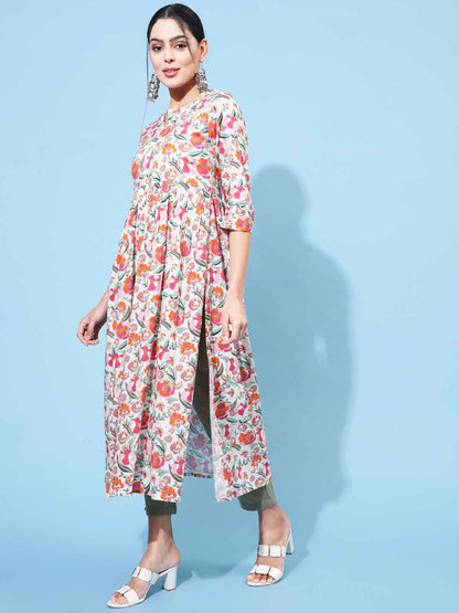 Rayon Calf Length Printed Semi-Flared 3/4 Sleeve Round Neck Kurta