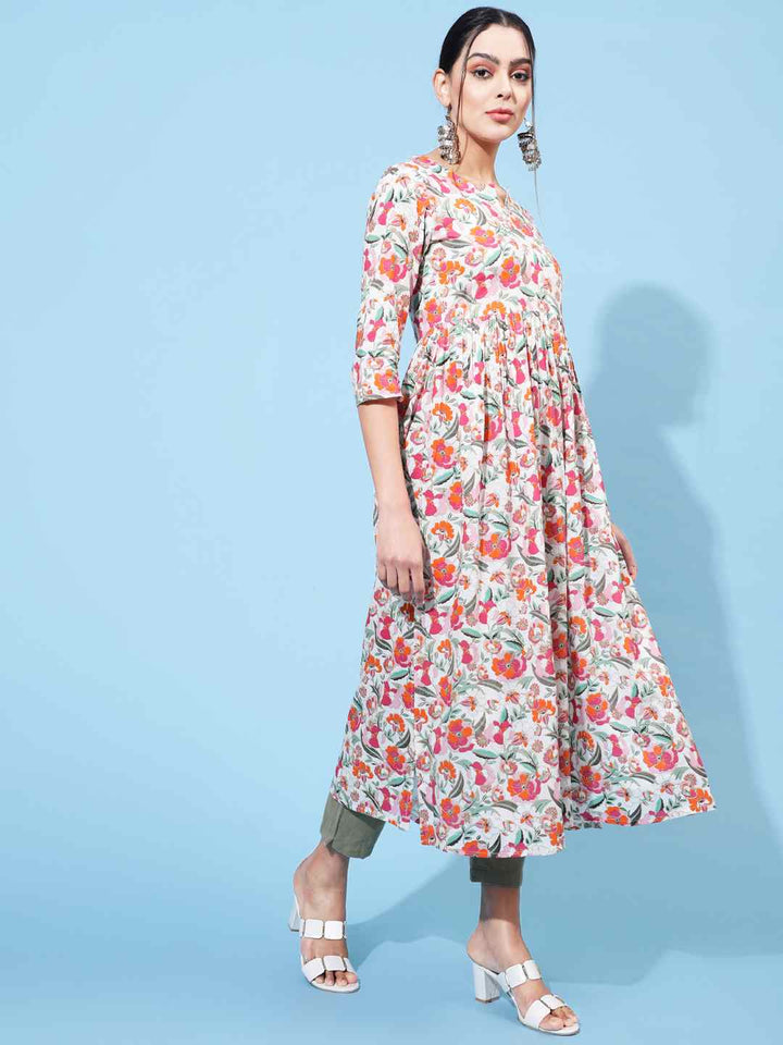 Rayon Calf Length Printed Semi-Flared 3/4 Sleeve Round Neck Kurta
