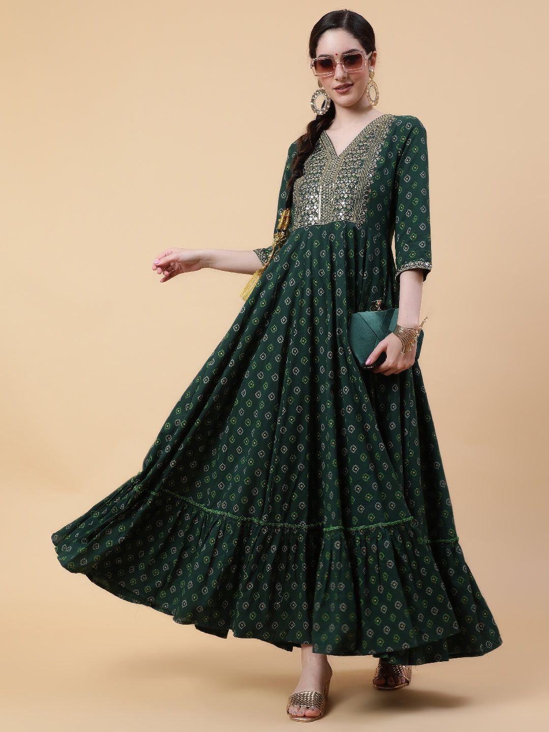 Rayon  Full Length Printed Flared 3/4 Sleeve V-Neck Kurta