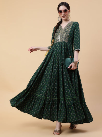 Rayon  Full Length Printed Flared 3/4 Sleeve V-Neck Kurta