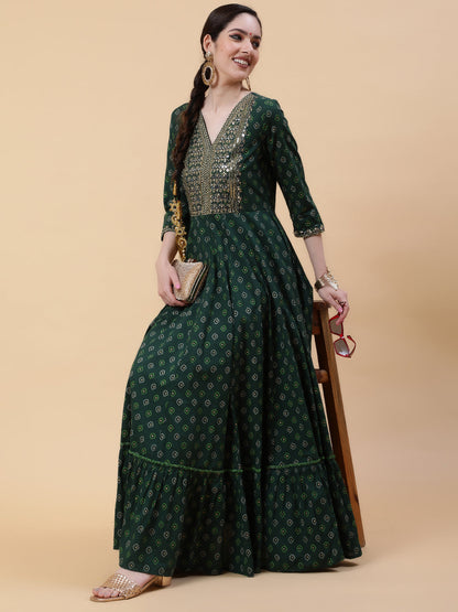 Rayon  Full Length Printed Flared 3/4 Sleeve V-Neck Kurta