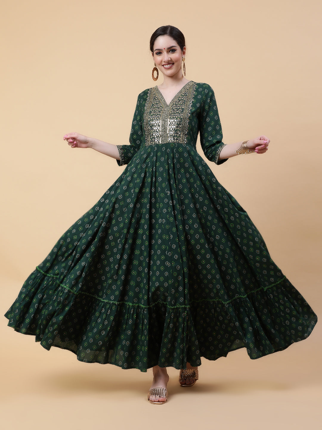 Rayon  Full Length Printed Flared 3/4 Sleeve V-Neck Kurta