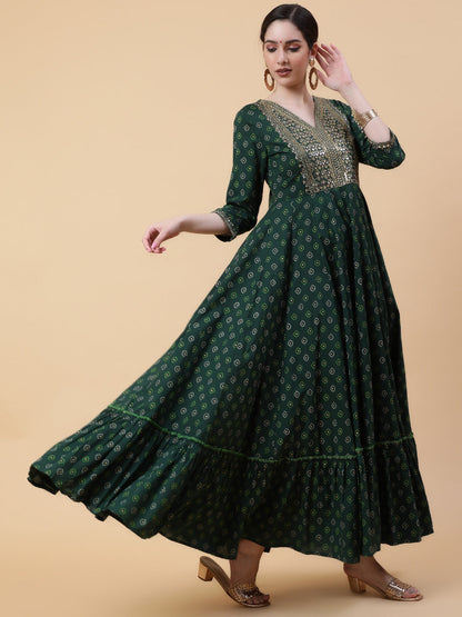 Rayon  Full Length Printed Flared 3/4 Sleeve V-Neck Kurta