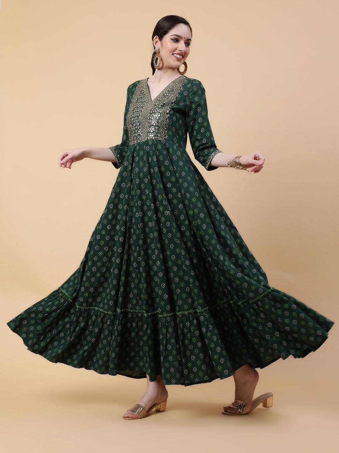 Rayon  Full Length Printed Flared 3/4 Sleeve V-Neck Kurta