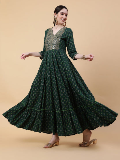 Rayon  Full Length Printed Flared 3/4 Sleeve V-Neck Kurta