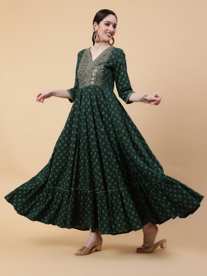 Rayon  Full Length Printed Flared 3/4 Sleeve V-Neck Kurta