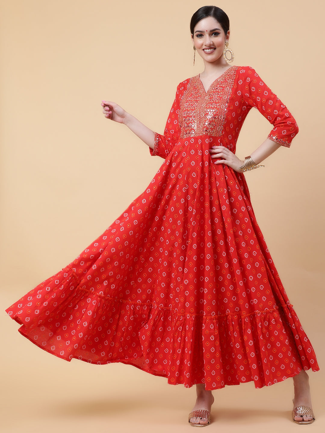 Rayon  Full Length Printed Flared 3/4 Sleeve V-Neck Kurta