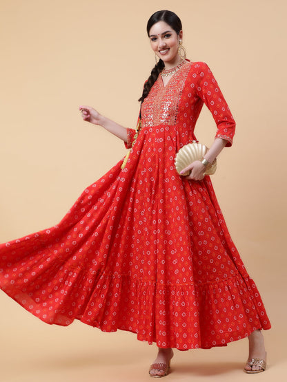 Rayon  Full Length Printed Flared 3/4 Sleeve V-Neck Kurta
