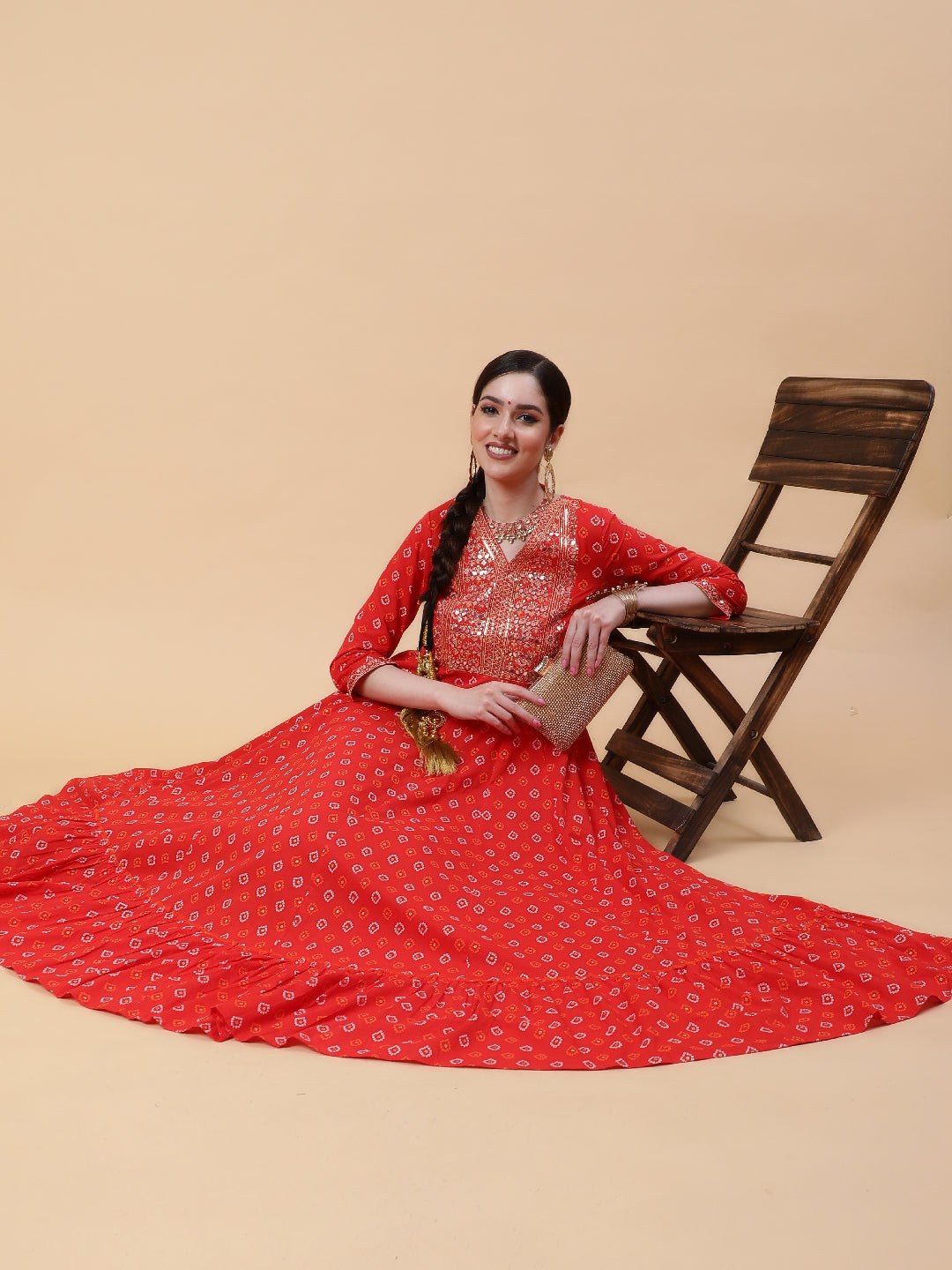 Rayon  Full Length Printed Flared 3/4 Sleeve V-Neck Kurta